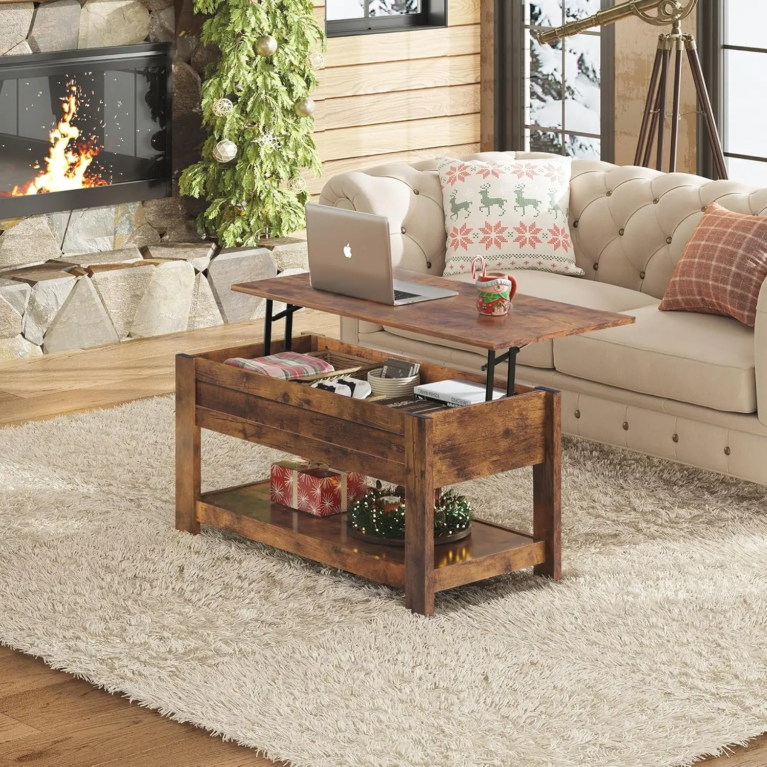 Coffee Table, 39" Lift Top Coffee Table With Hidden Compartment And Storage Shelf For Living Room, Rustic Brown