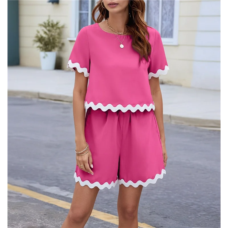 

Sturdy Summer 2 Piece Sets For Women Outfits Casual Rick Rack Short Sleeve Pullover Tops And Shorts Pants Lounge Sets