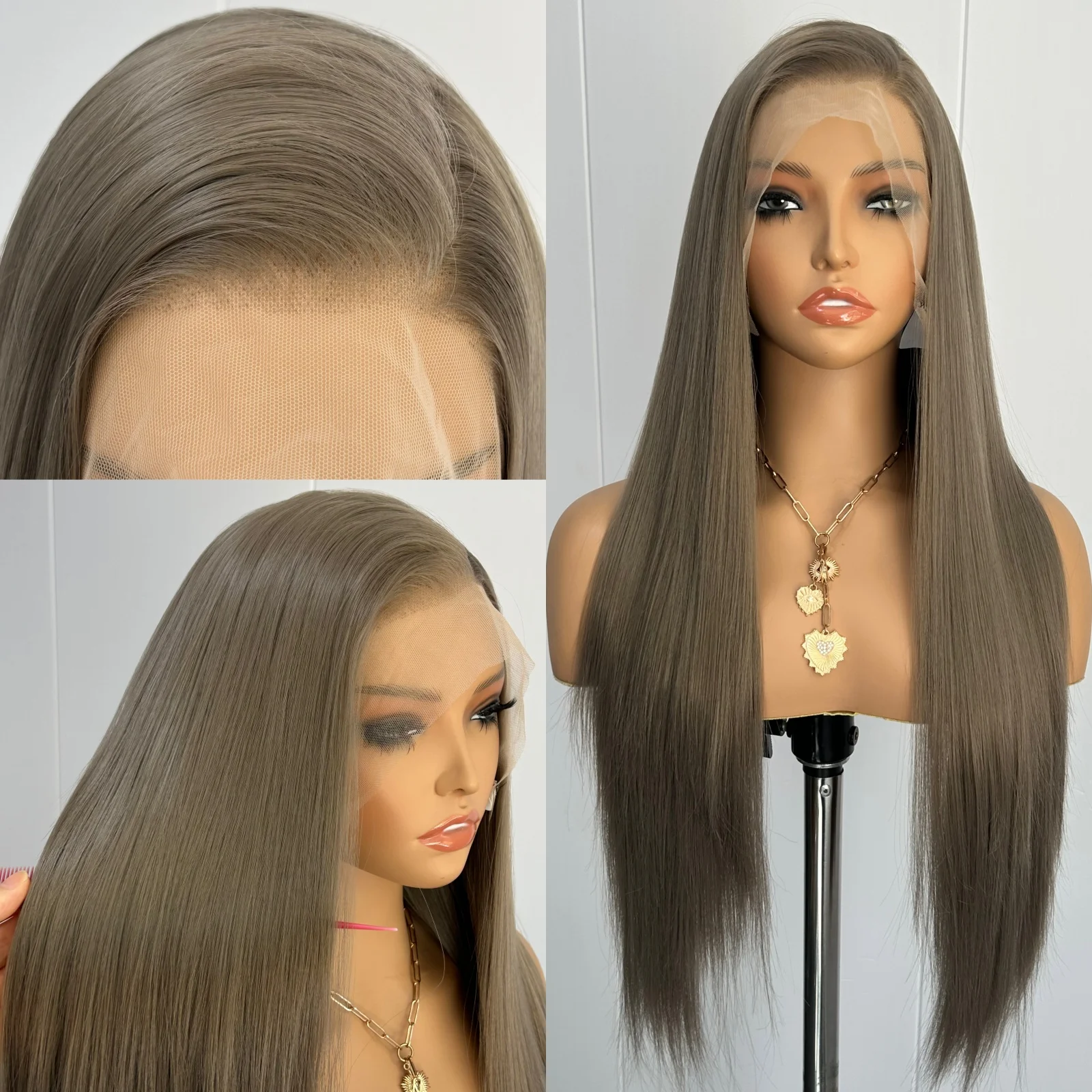 

Long Silky Straight Ash Grey Synthetic Wigs for Women Free Part Pre Plucked Hairline Dark Green 13X4 Lace Frontal Daily Party