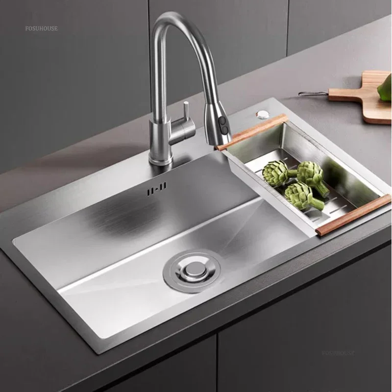 #Stainless Steel Kitchen Sinks Thickened Large Single Tank Side Drainage Vegetable Basin Household Kitchen Sink Under Basin C