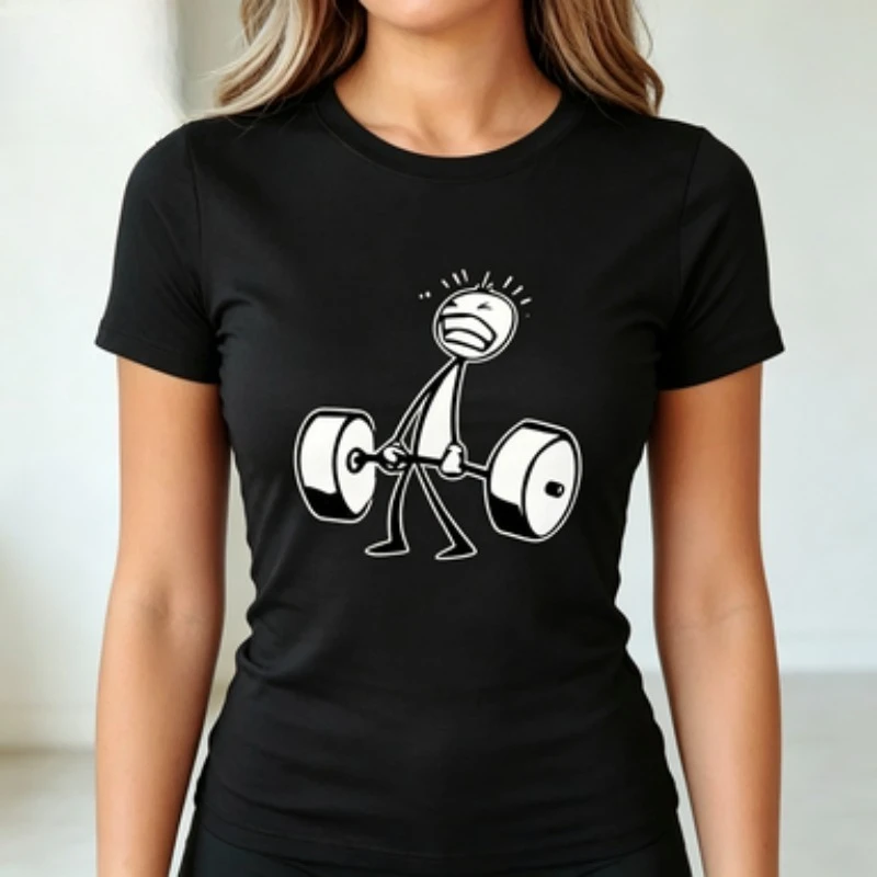 Humorous Fitness T-Shirt Cartoon Struggling Stickman Lifting Barbell Print O-Neck Short Sleeve Casual Gym Ladies Casual Wear Tee