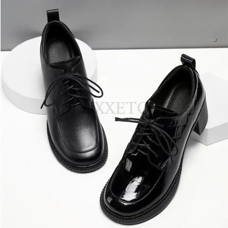 Genuine Leather Thick Root Round Head Glossy Women Loafers Patent Leather High Heels Fashion Street Photos Formal Shoes