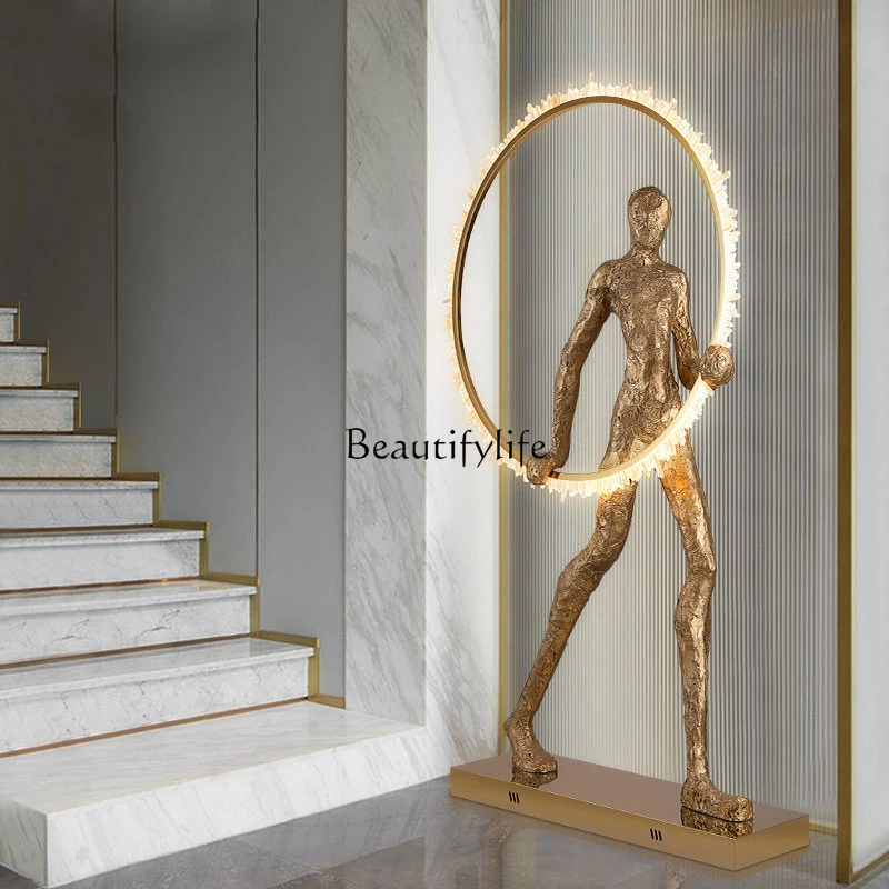 Post-Modern Living Room Floor Stand Decoration Luminous Golden Ring Crystal Portrait Lobby Sculpture