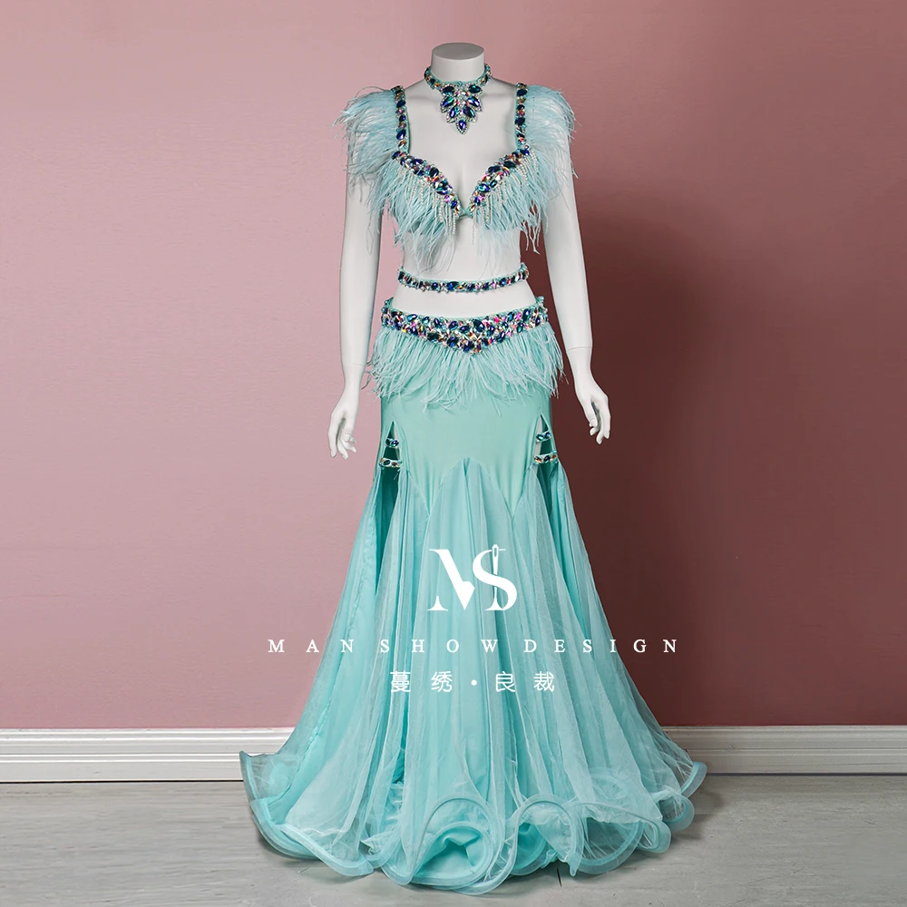 Customized Feather Set Belly Dance Performance Dress Fairy and Soft Embroidered Butt Wrapping Yarn Skirt Women's High End