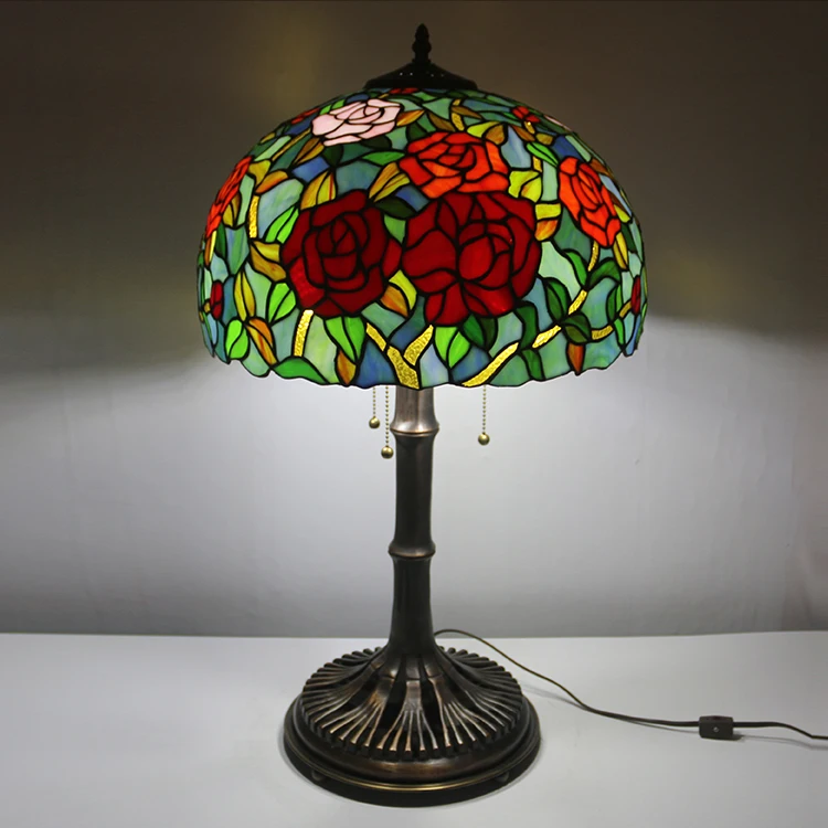 16 Inch European Rose Flower Stained Glass lamp  Desk Lights  home Table Lamp With Copper Base Stand Lamp