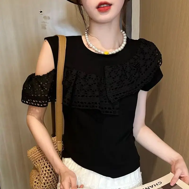 

Women Clothing Summer Fashion Korean Hollow Out Solid Color O-neck Female All-match Trend Appear Thin Ruffles Short Sleeve Tops