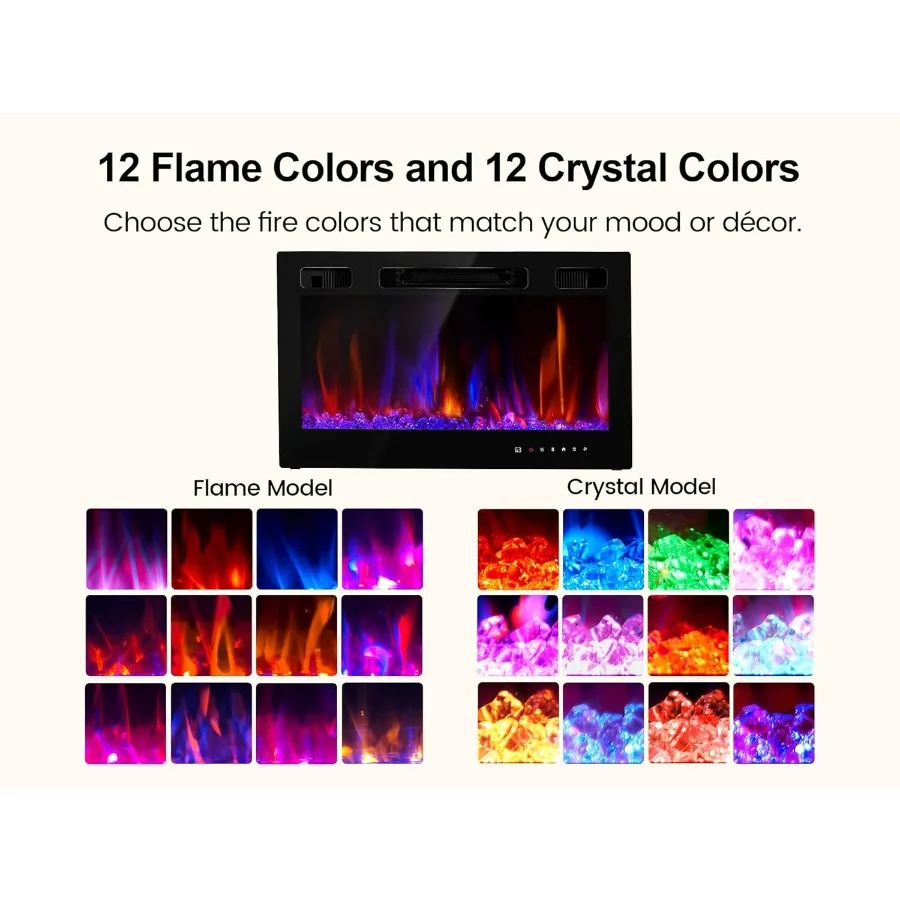 Inserto per camino elettrico a parete da 30 pollici con riscaldatore da incasso Capacità di riscaldamento di 1500 W Funzionamento con telecomando Slim Black Fr