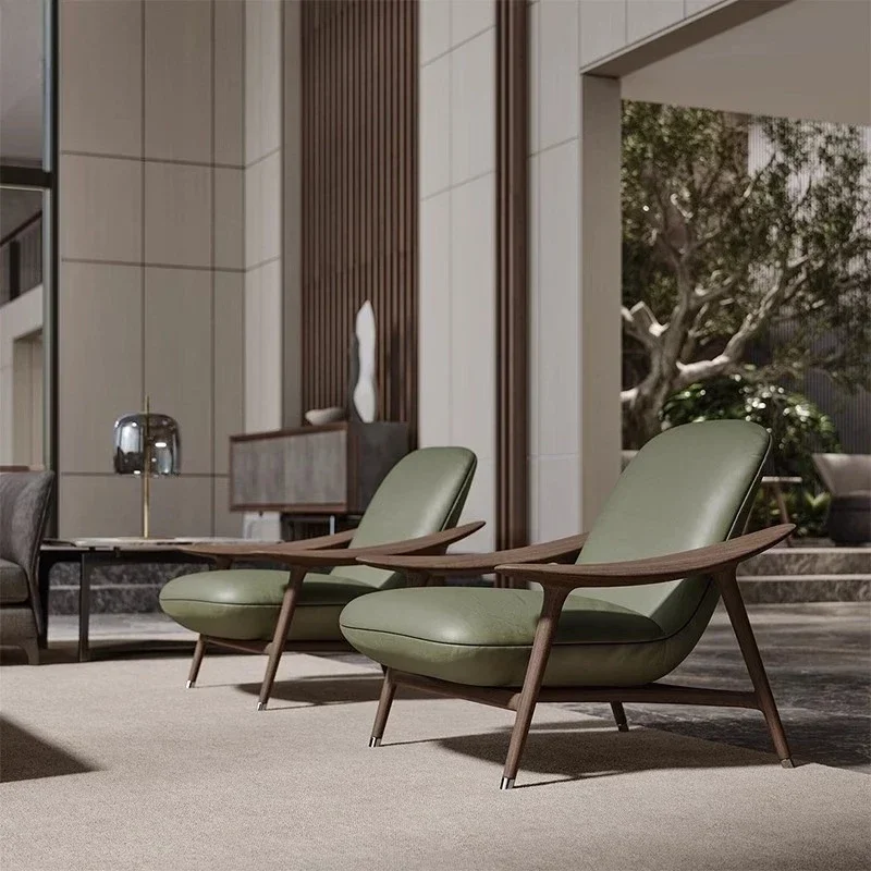 Solid wood leather leisure chair living room balcony bedroom lazy recliner light luxury Internet celebrity sofa single chair