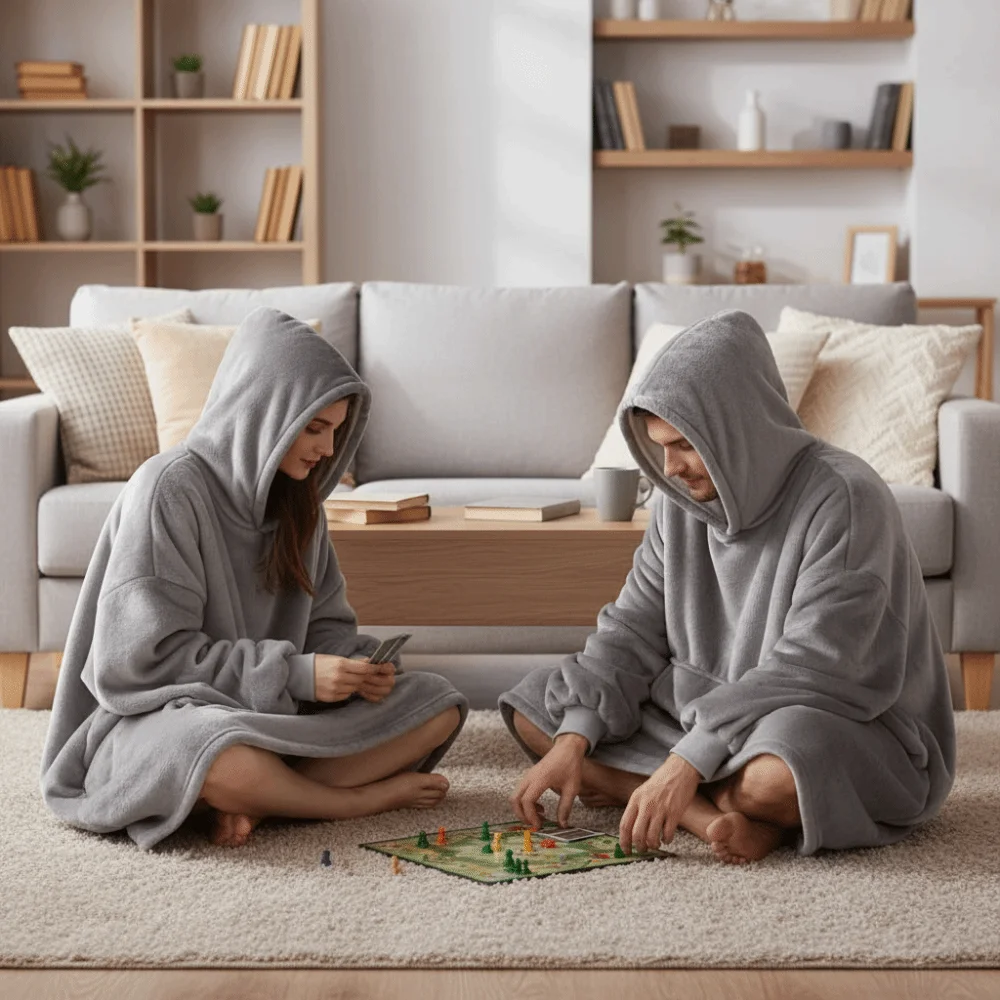 

Solid Color Warm Flannel Robe Long Sleeve Oversize Hooded Pajamas Comfortable with Pocket Couples Wearable Robe Autumn Winter