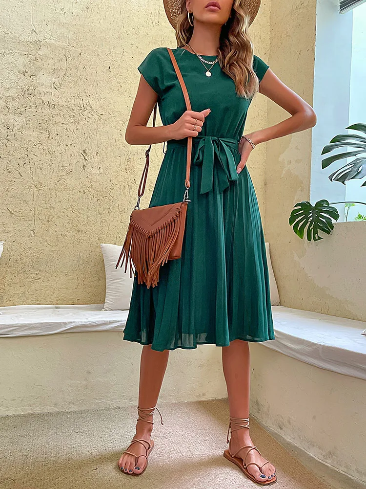 JIM & NORA Elegant Women Summer Casual Beach Sundress Short Sleeve Pleated Midi Dress Soild Colour O Neck Tunic Dresses Fashion