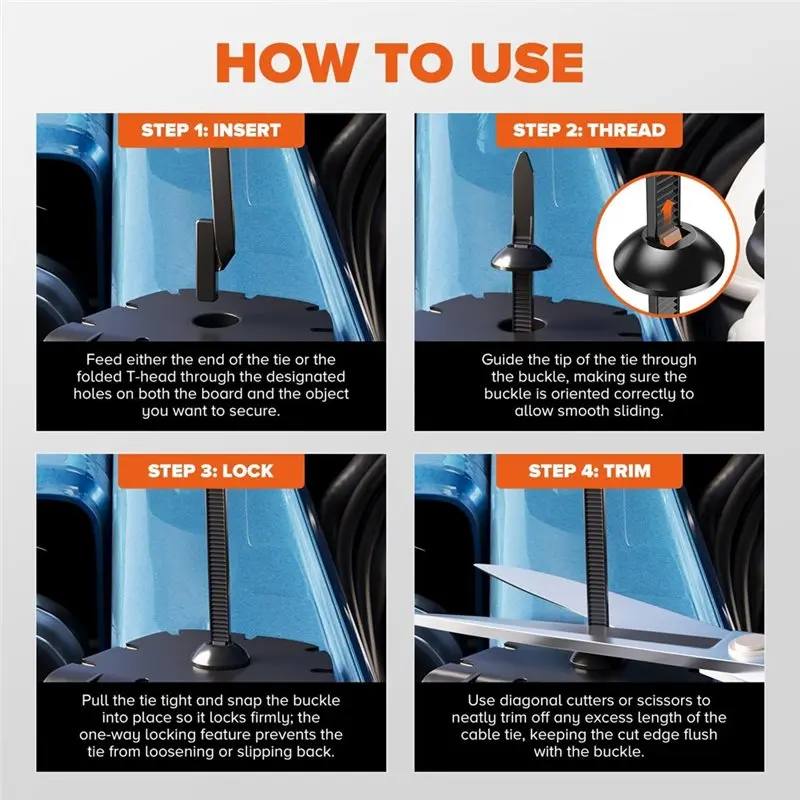 A34R Nylon Cable Tie Buckle Fastener Mounting Kit Heavy Duty Zip Ties Holders For Car Fenders Trunk Engine Guard Panels Clips