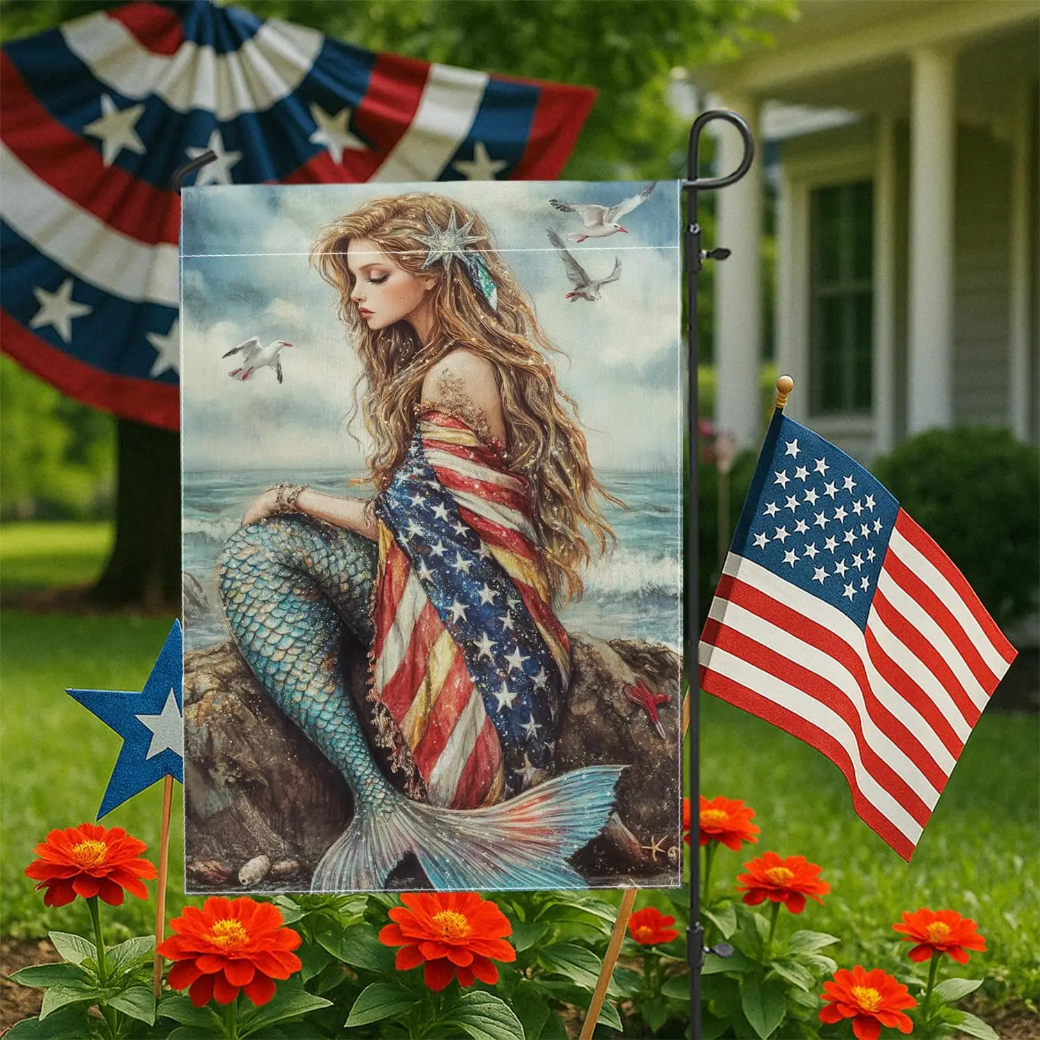 Patriotic Mermaid Garden Flag, Red White Blue Stars Stripes Coastal Decor Banner, Seasonal Summer Outdoor Decoration for Law PPZ