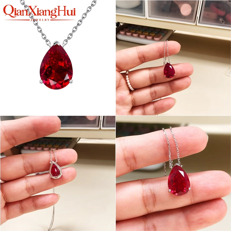 925 Silver Pear Shape 7ct 10x14mm Pigeon Blood Red /Rose Pink Lab Grown Created Ruby Inclusions Stone Jewelry Pendant Necklace