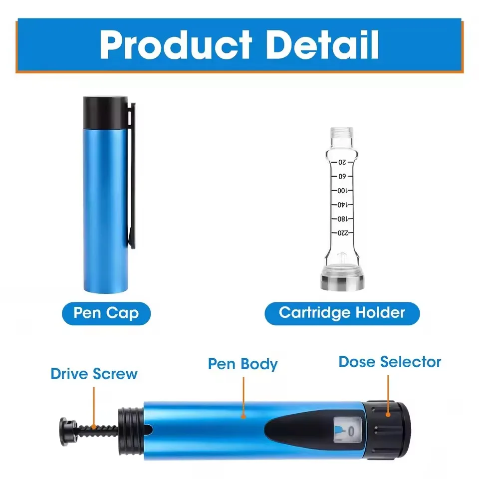 Reusable Blue 60U Peptide Injector w/ Case Adjustable Dose Dial Semaglutide Micro-dosing Pen Weight Loss