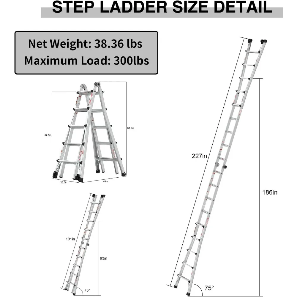 22-foot multi-function folding ladder with wheels, wide tread and hinge lock