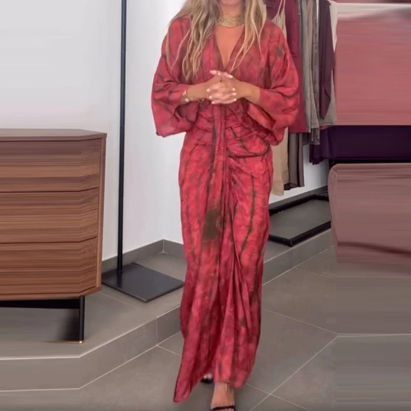 Batwing Sleeve Pleated Casual Women Long Dress Vintage Printed V-neck Bohemian Dress New Spring Summer High Waist Holiday Dress