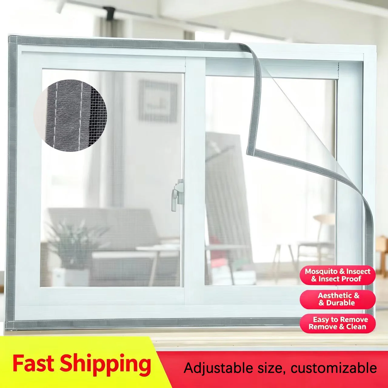 Summer New Grey Customizable Size, No Need for Punching, Sealed Edges, Easy to Clean Dust-Proof and Mosquito Proof Screen Window