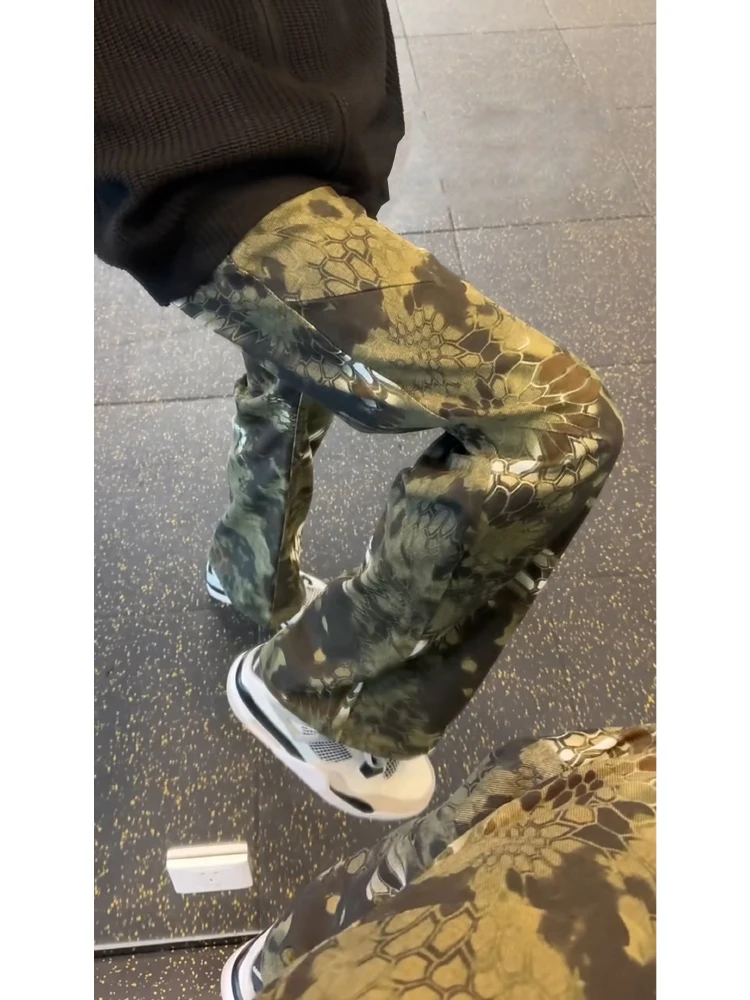 

American Style Snake Pattern Bell Bottom Jeans Men's Spring Autumn High Waist Lengthening Legs Straight Workwear Trousers