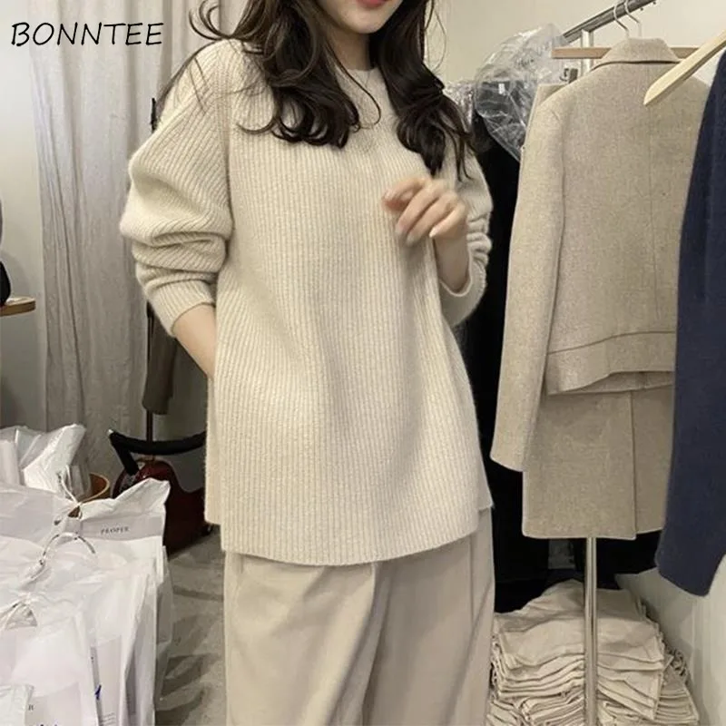 Pullovers Women Solid Simple Side-slit Japanese Style Harajuku Youthful Long Sleeve Sweater Knitting Loose Thicker All-match