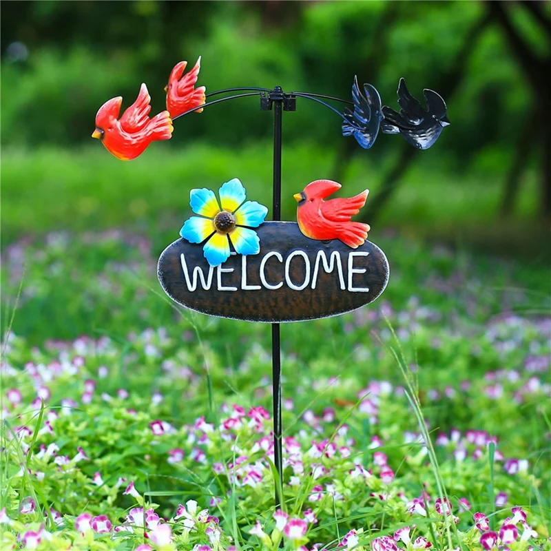 1 Piece Garden Stake Rotary Flower Bird Windmills Lawn Ornament With Welcome Sign As Shown For Patios Parks Lawn