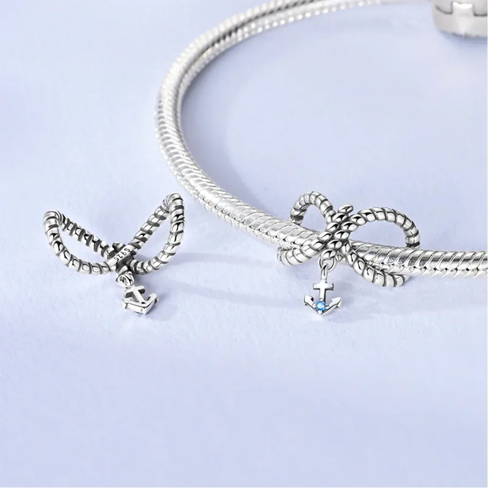 925 Sterling Silver Braided Bow Charms Beads Fit Original Bracelets Bag Keychain Charms Beads Pendant Diy Women Jewelry Gift