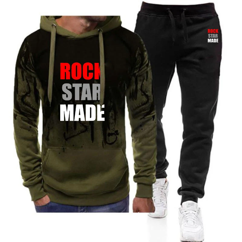 2025 Rock Goth Rap vintage Letter Print Men's Spring Autumn New Gradient Color Hooded+Casual Pants Harajuku Two Piece Suit
