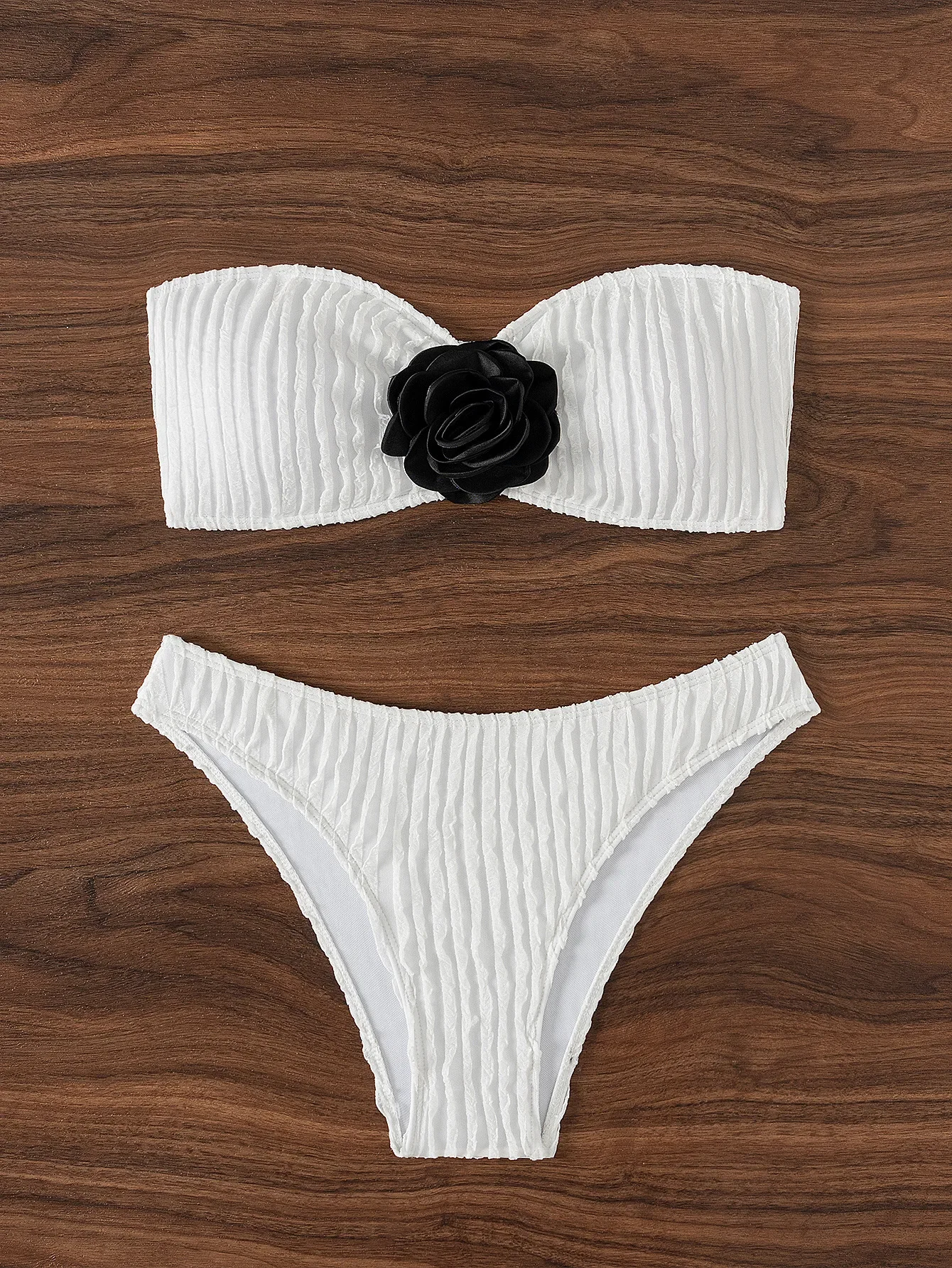 Sexy 3D-Bandau-Bikini-Sets mit schwarzen Blumen, gerippt, zweiteilig, gepolsterter Tanga, Badebekleidung, weiblicher Badeanzug, Badeanzug, Biquini, Tankini