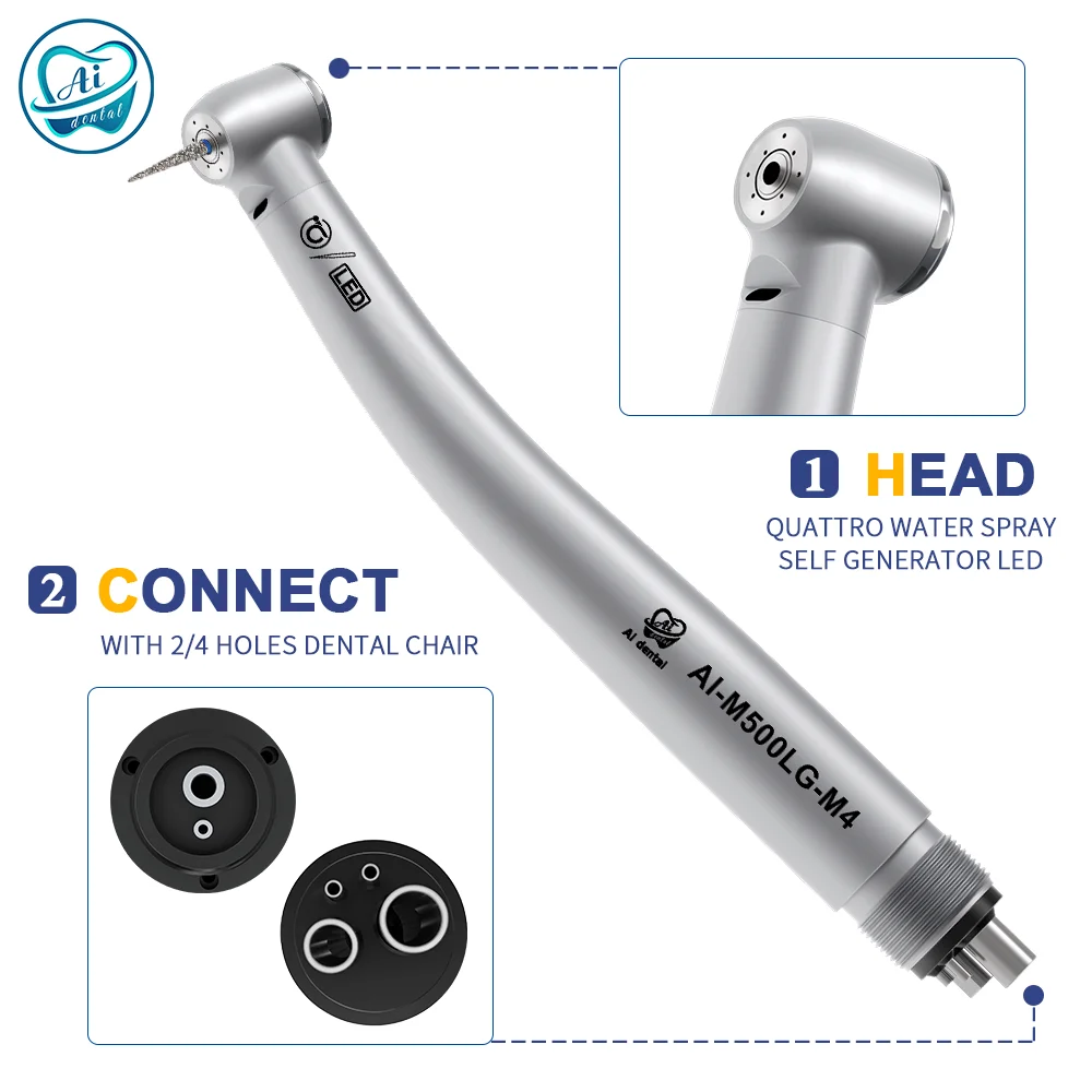 AI Dental LED High Speed Air Turbine Handpiece with Self-Power E-generator Fiber Optic Push Button Standard/Mini Head 2/4 Holes