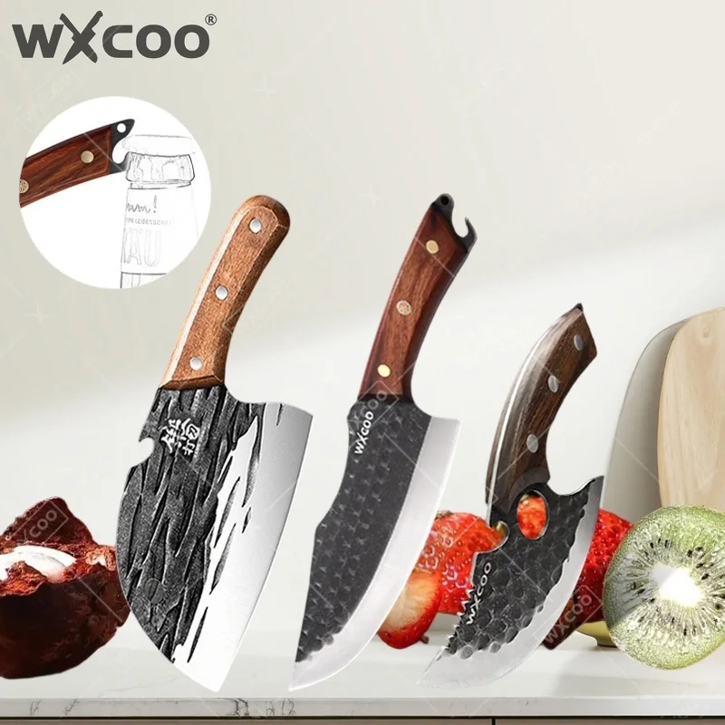 WXCOO Hand-forged Boning Knives Durable Multifunctional Kitchen Butcher Knife Meat Cleaver Professional Bottle Opener Knife