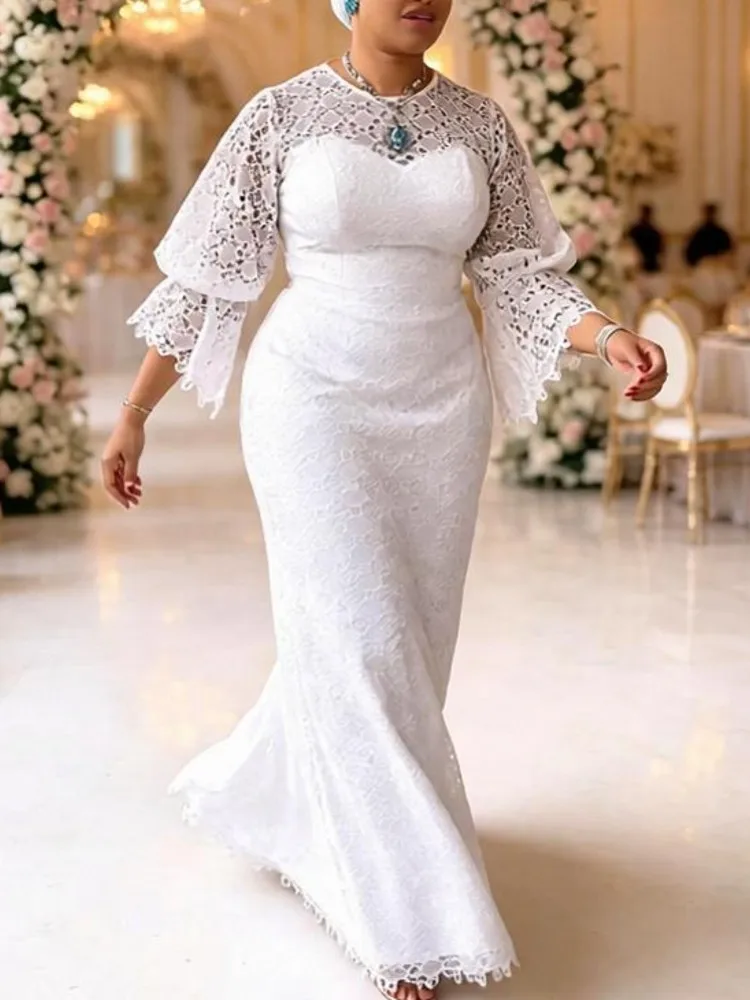 White African Dresses For Women Hollow Out Elegant New Muslim Fashion Abayas Dashiki Robe Kaftan Long Maxi Dress One Piece