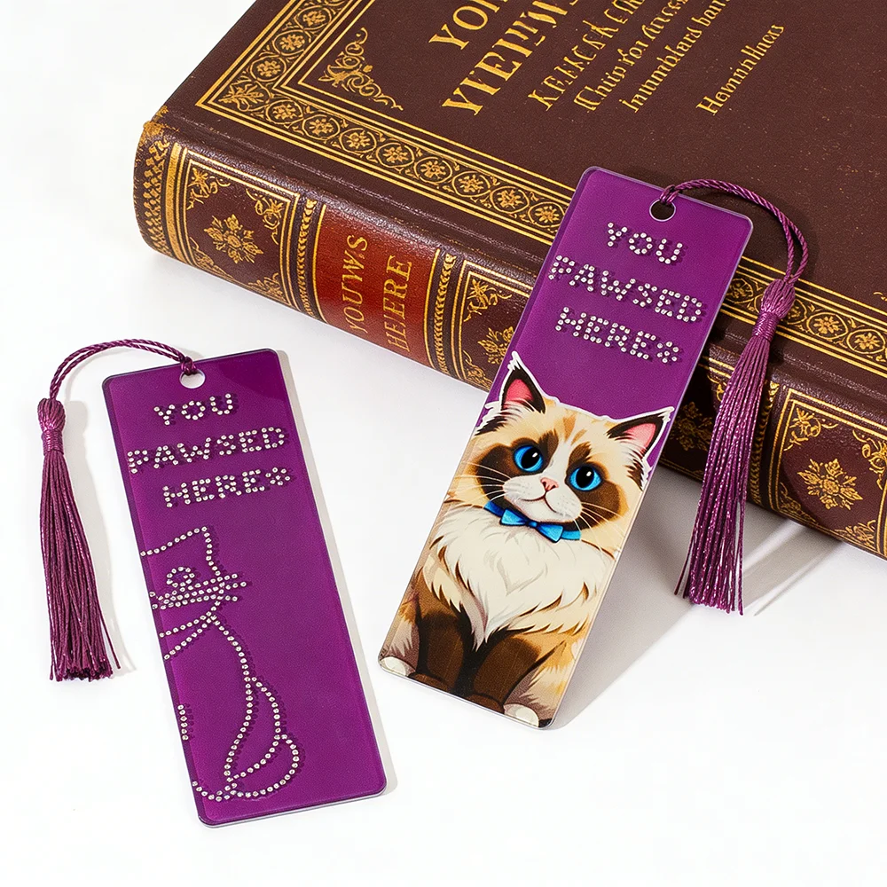 Diamond Art Cute Doll Cat and Line Cat Purple Acrylic Bookmark, Handmade Diamond Inlaid Cat Reading Marking Craft,