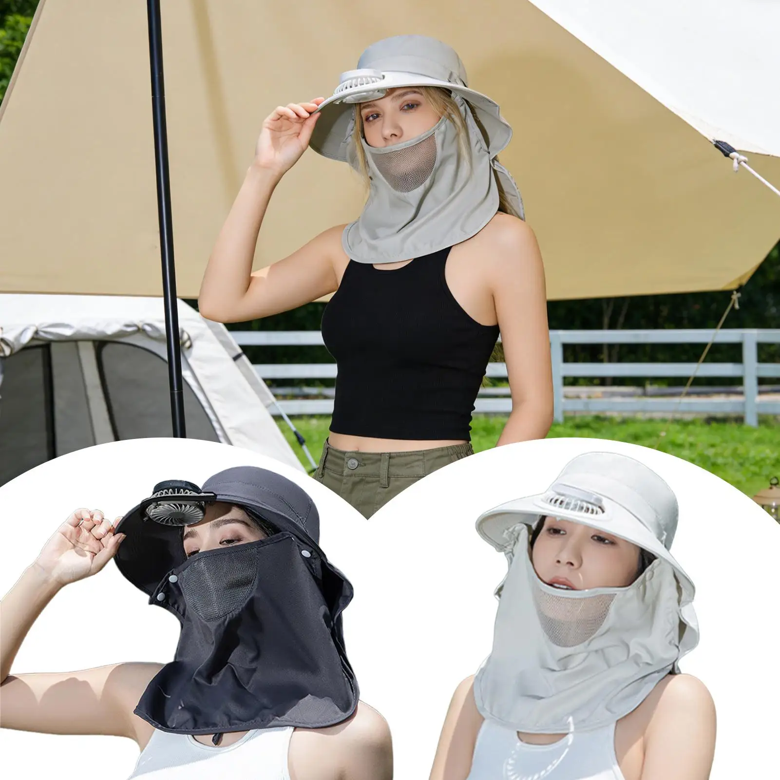 

Solar Powered Fan Hat Wide Brim UV Protection Sun Hat Cooling Fishing Cap With Face Guard Neck Flap For Outdoor Hiking Camping