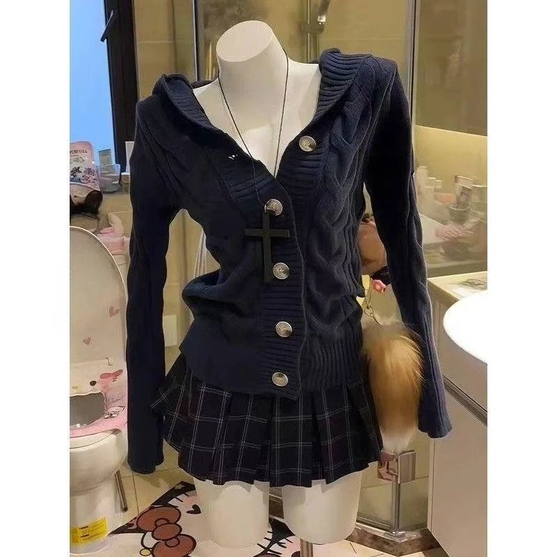 Kawaii Japanese Style 2 Piece Set For Women Solid Knit Sweater Slim Plaid Mini Skirt Y2K Harajuku Fashion Casual Outfit view 5