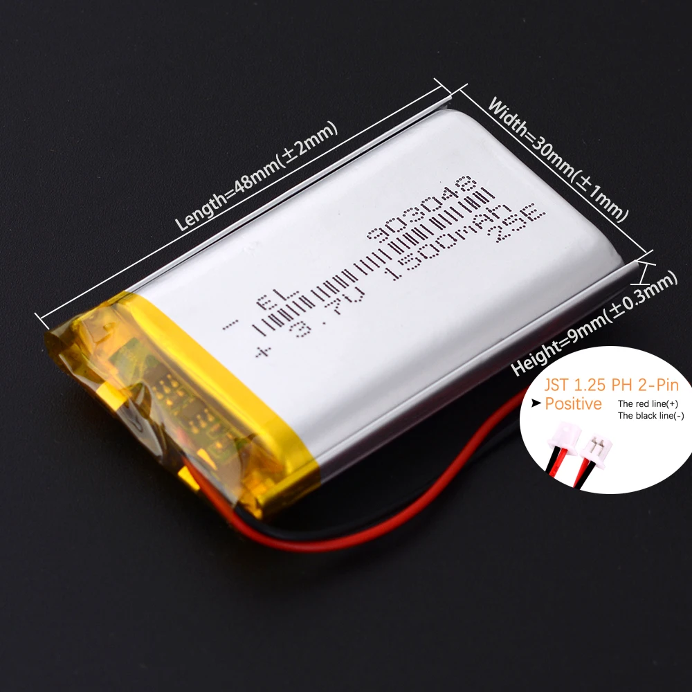 103048 123048  JST1.25 2pin 3.7V Lithium Polymer LiPo Battery 603048 303048 403048 503048 703048 803048 903048 1500mAh