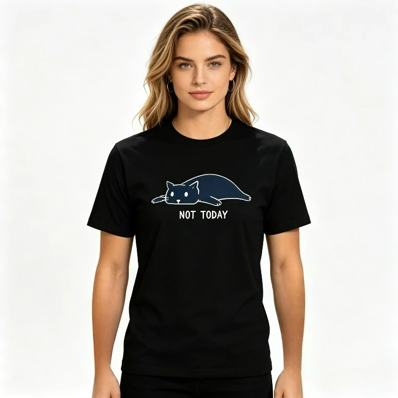 Women's Funny Cat T-shirt, 'Not Today' Lazy Cat Graphic Tee, Black and White Options
