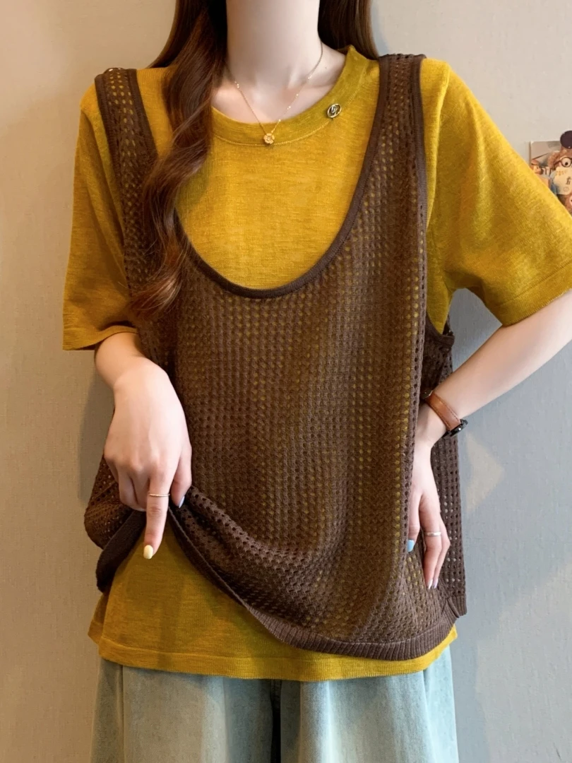 

plus Size Women's Knitted Short Sleeve T-Shirt Hollow out Slim Fit Summer Fashion Two Piece Set Casual Style Copper Ammonia F...