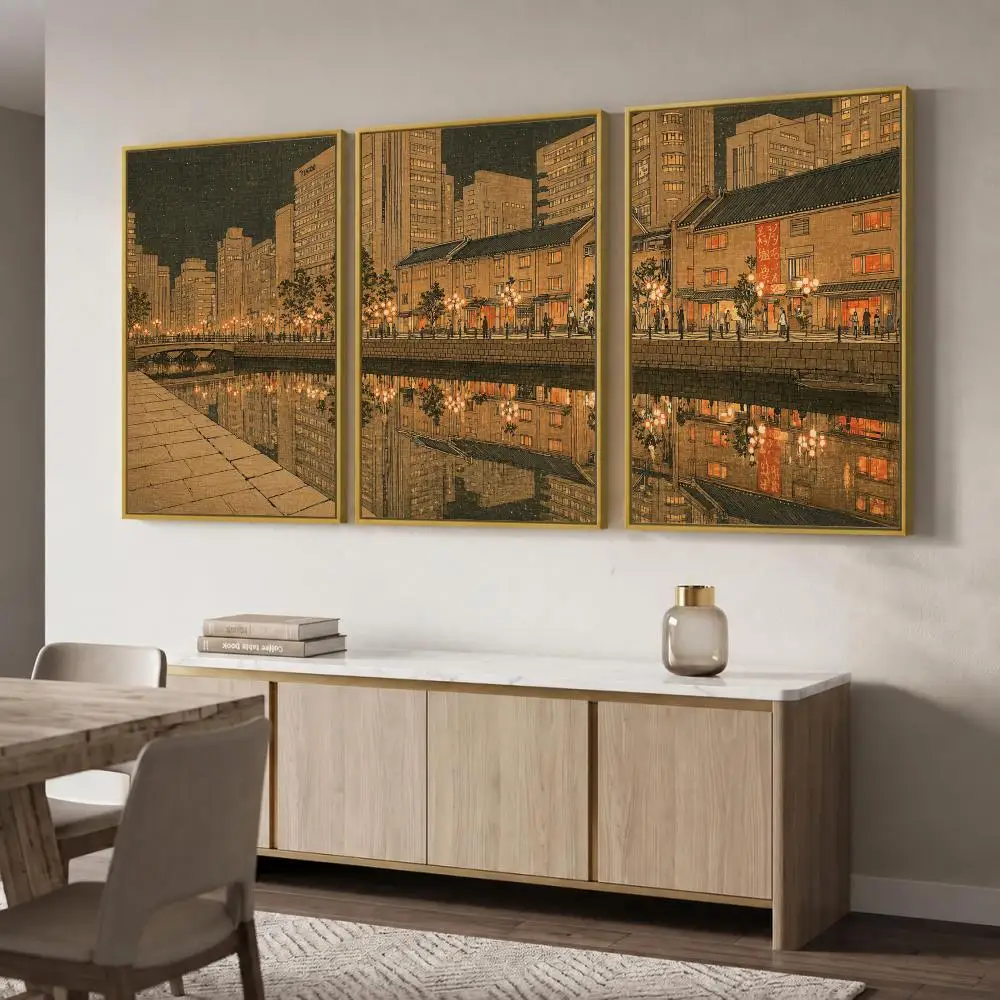 Retro Asian Canal City Nightscape Painting Calligraphy Canvas Poster Set Wall Art for Bedroom Living Room Home Decor Decals Gift