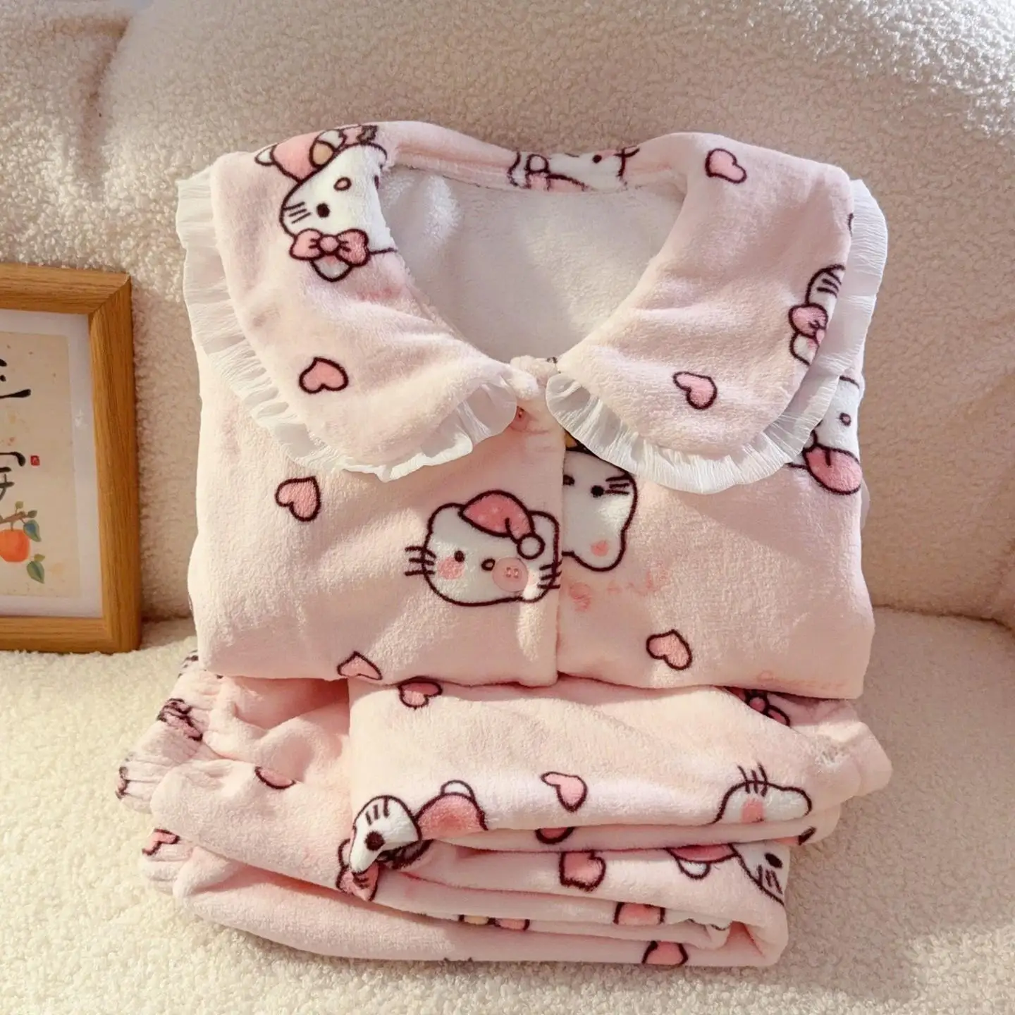 

Kawaii Kittys Children Plush Pajama Set Winter Warm Anime Cartoon Thicken Cardigan Pant Sweet Princess Parent-Child Pajamas