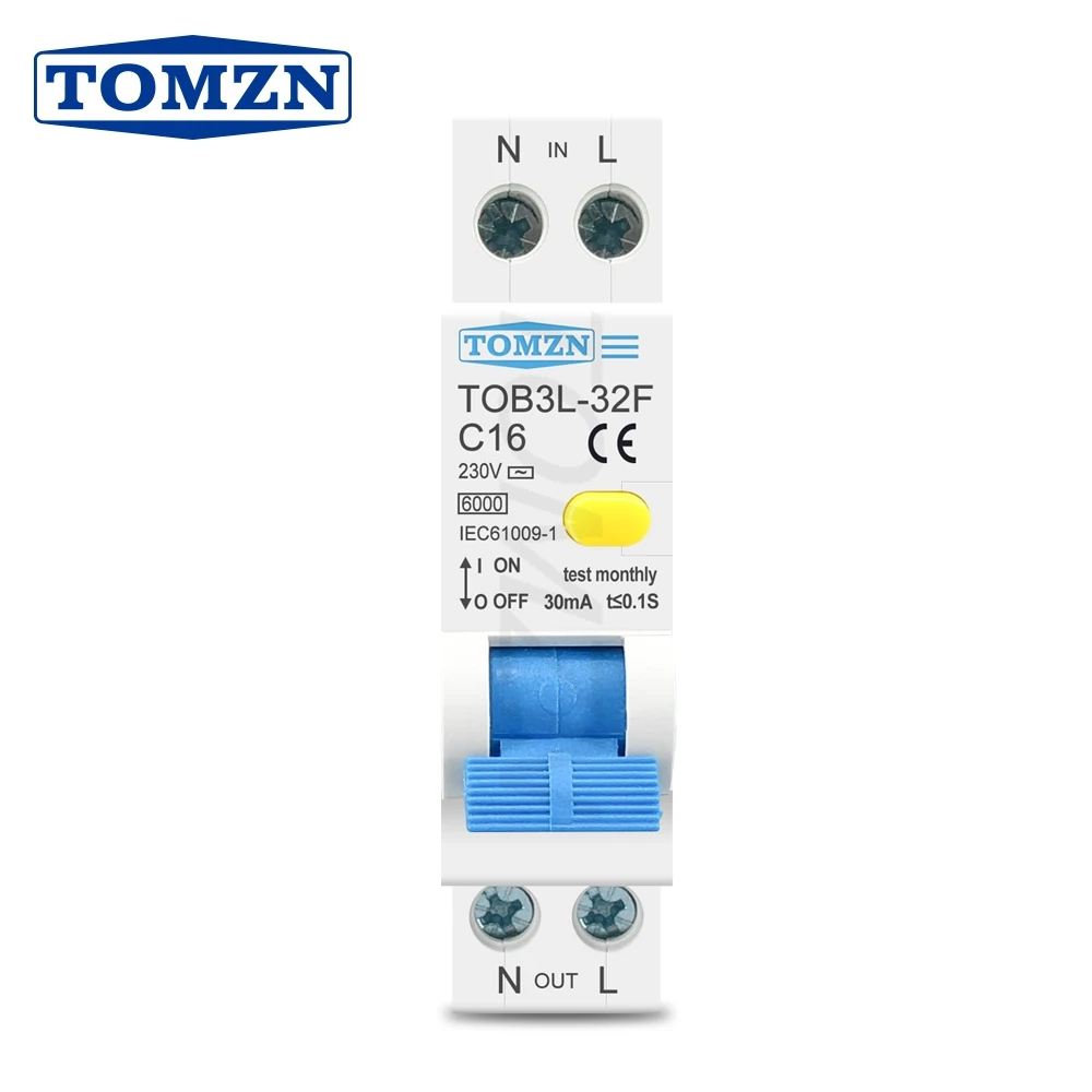 TOMZN 18MM RCBO 6A-32A 1P+N 6kA Residual Current Differential Auto Circuit Breaker with Over Current and Leakage Protection