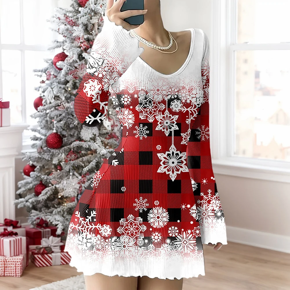 Christmas Pattern Print Dresses Women Knit Warm Pullover Long Sleeve Bodycon Elegant Vintage Autumn Winter Robe Vestidos Party