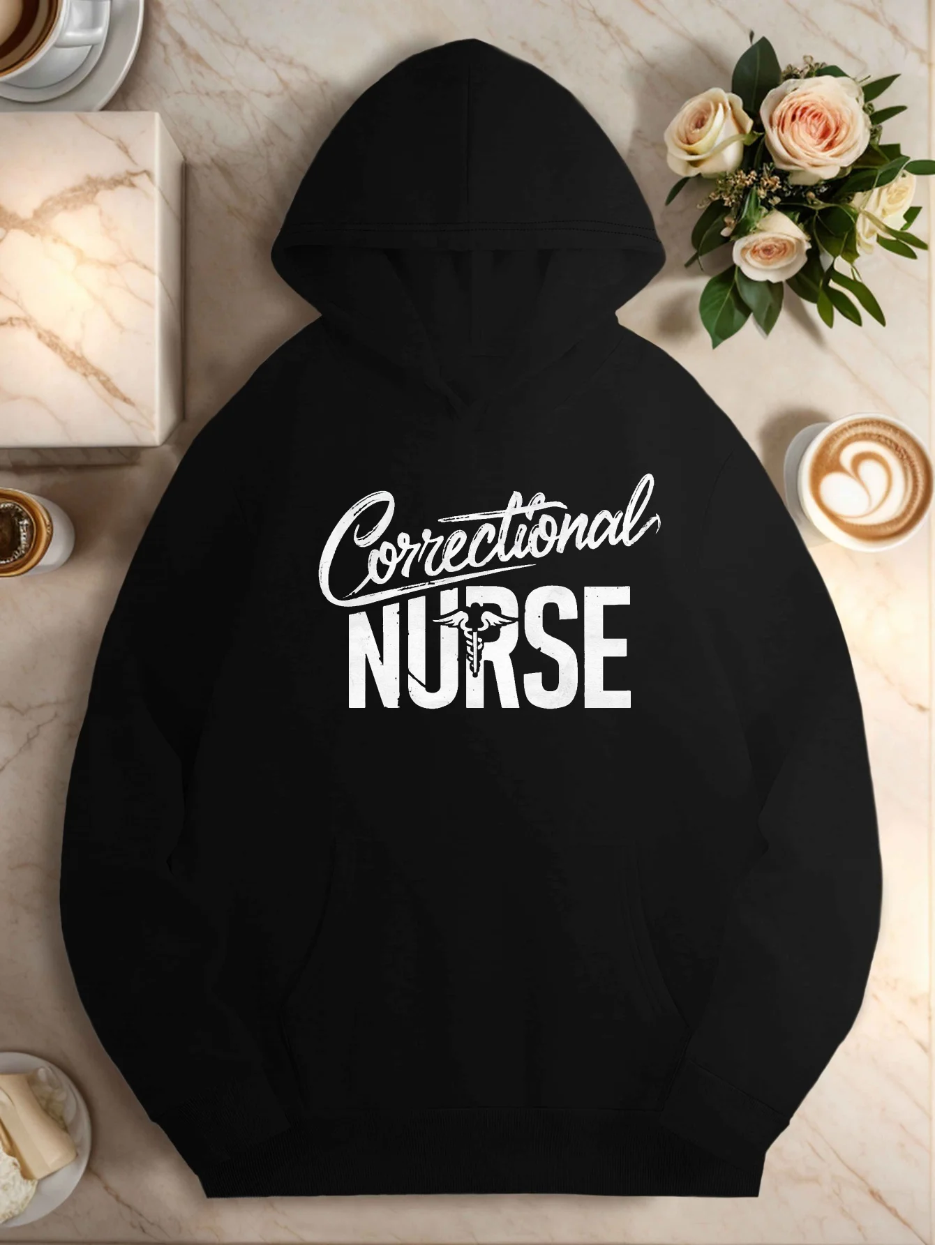 

Corrective Nurse Pattern Hooded Sweatshirt - Casual Knitted Pullover with Pockets, Non-Stretch, Fall/Winter Fashion Hoodie