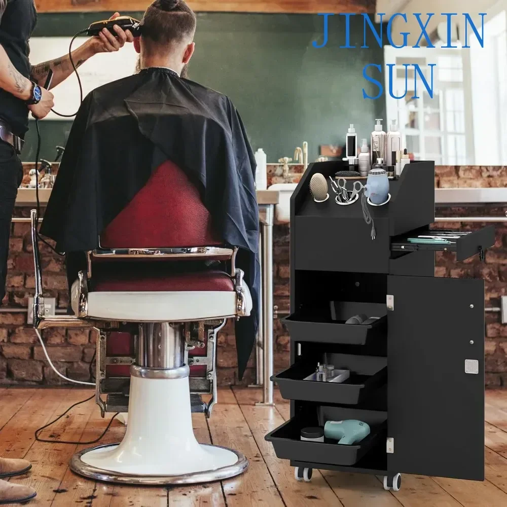 Lockable Wooden Salon Cart for Hair Stylists - 3-Drawer Trolley with Side Tool Tray & Hair Dryer Holders