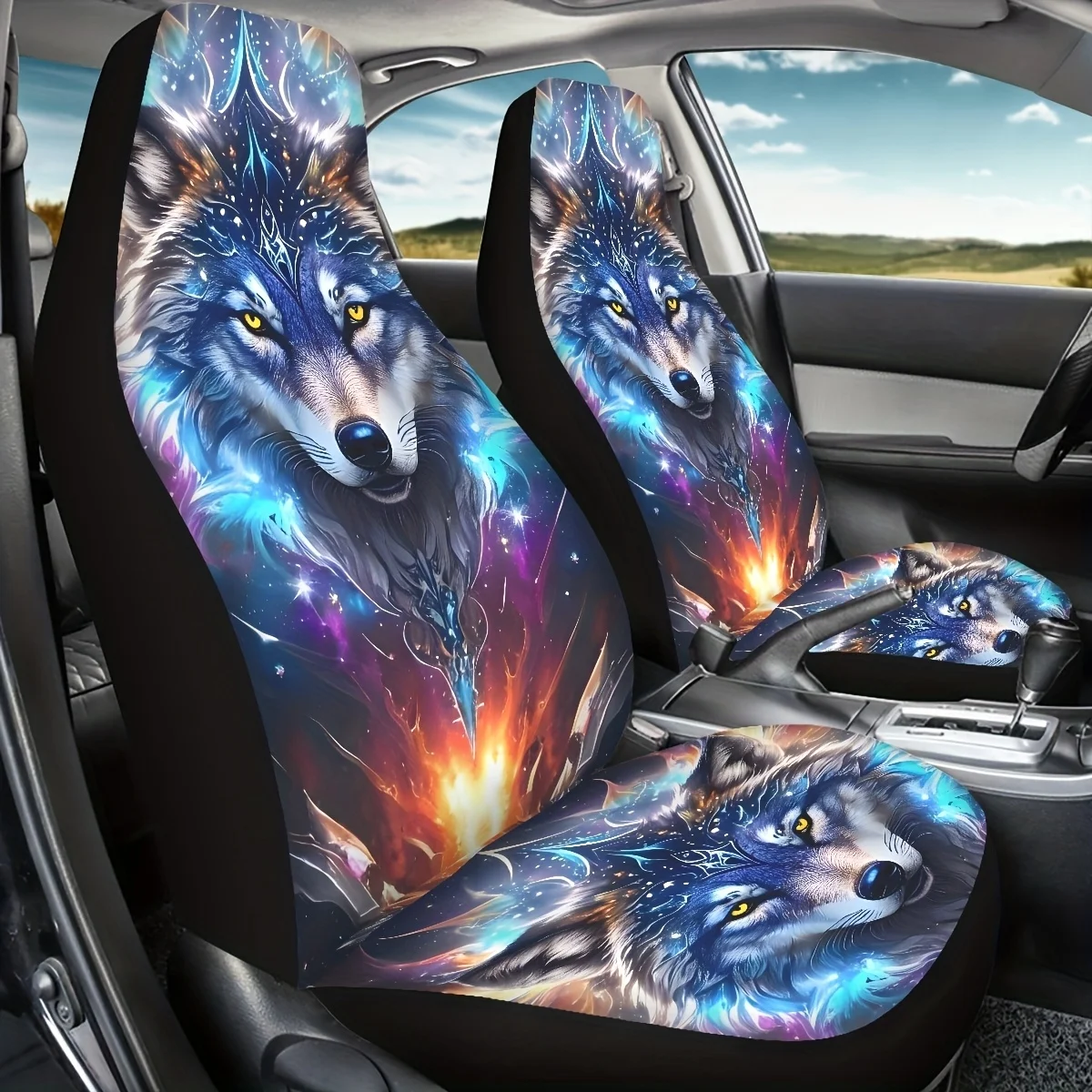 2pcs Wolf Print Car Seat Covers - Fit For Cars, SUVs, Vibrant Cosmic Design, Front Seat Protectors For Small To Medium Vehicles,