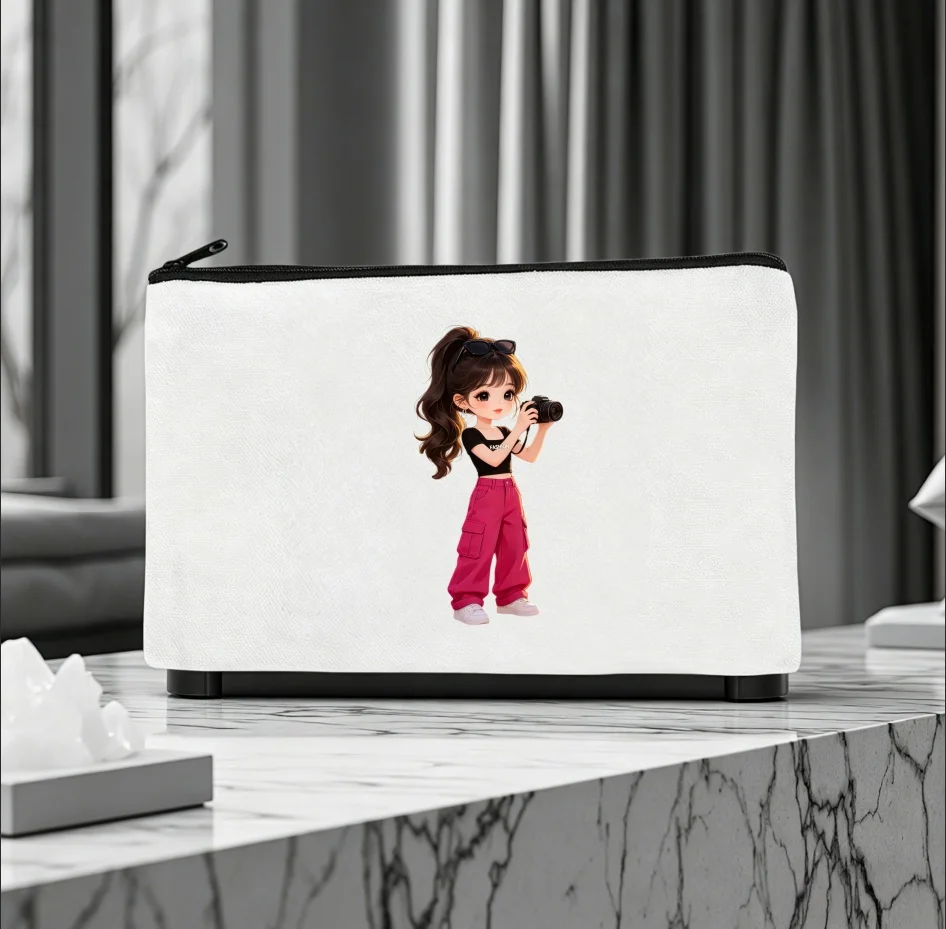 1PC Double-Side Printed Fashion Girl Holding Camera Canvas Makeup Storage Zipper Bag