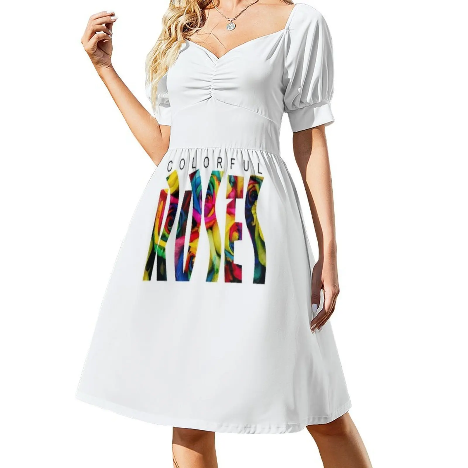 الورود الملونة نمط Preppy فستان قصير للنساء ألف خط فضفاض صالح فستان يوم غير رسمي ألوان ملونة فستان سهرة وردي المرأة