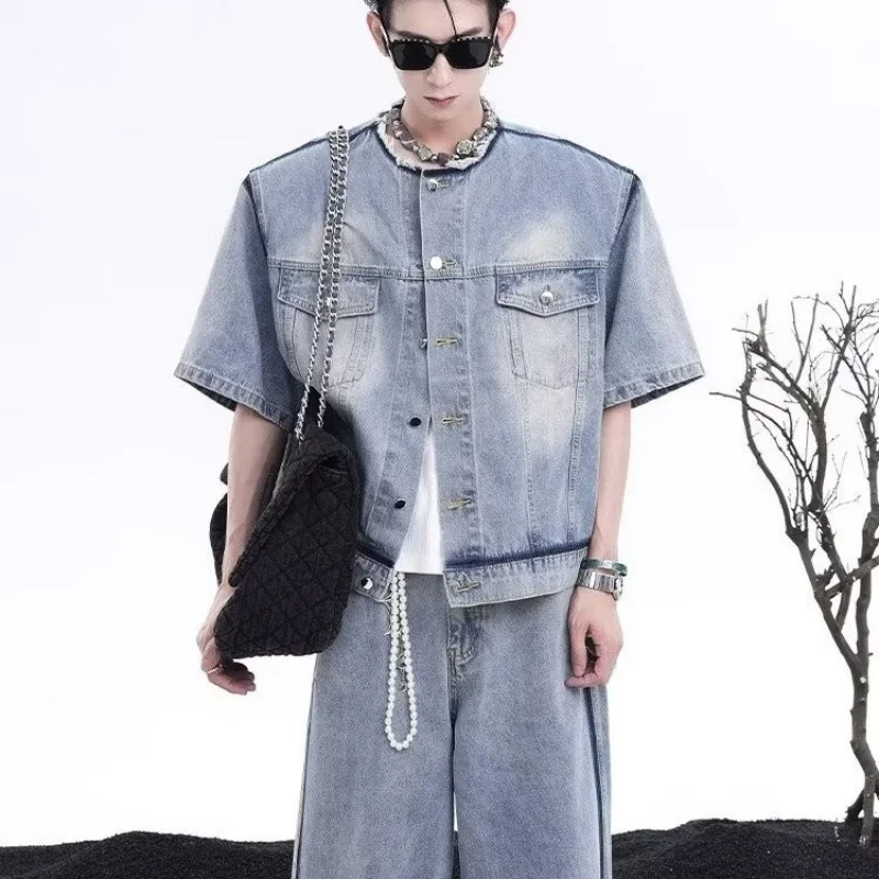 

Summer Suit Shoulder Pad Washed Vintage Short Shirt Men'S Design Sense Casual Versatile American Style Couple Vest