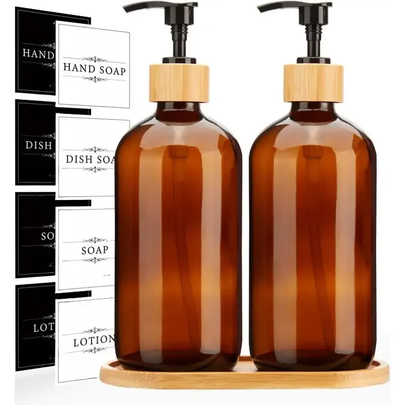 16oz Amber Glass Soap Dispenser with Bamboo Tray Pump（2 Pack,8 Waterproof Labels）,Bathroom,Hand Dish Kitchen Sink, Lotion Bottle