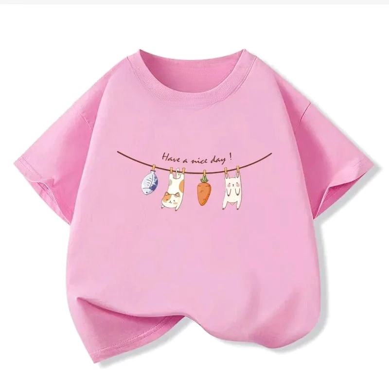 2-12 Year Cute Fish and Cat Tshirt for Girls Summer Baby Kids T Shirt Short Sleeves Casual Y2K Girl Tops Tee Pink White Clothes