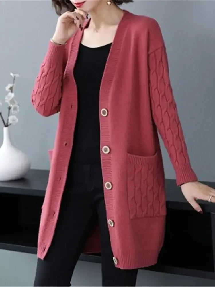 

2025 New Autumn Women Vintage Sweater Coat V Neck Solid Loose Knitwear Single Breasted Casual Knit Cardigan Outwear ZT199