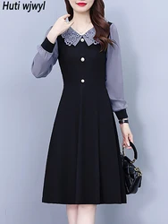 2024 Black Patchwork Fake Two Piece Midi Dress Autmn Winter Long Sleeve Chic Doll Collar Dress Women Elegant Bodycon Party Dress